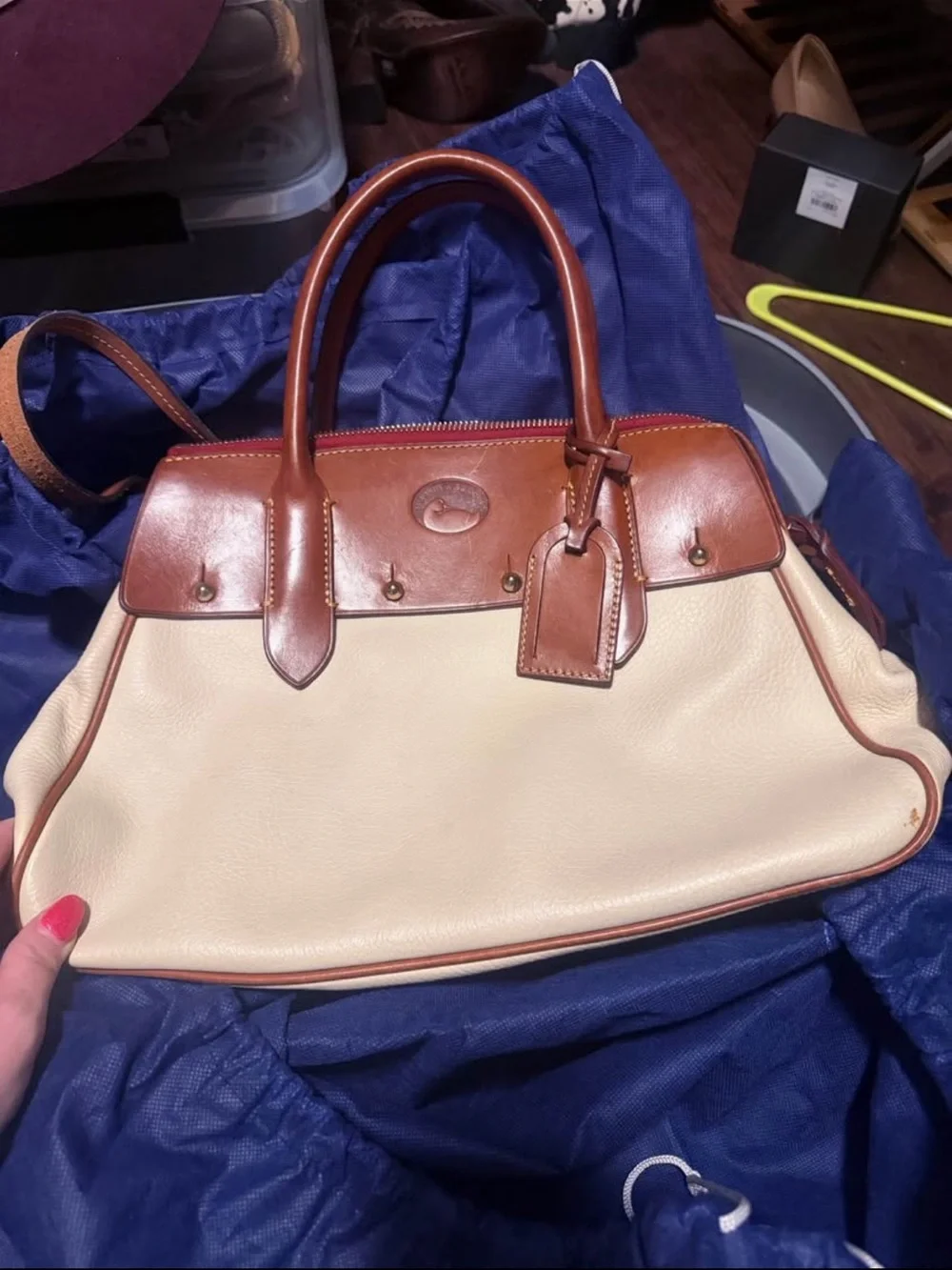 Dooney & Bourke Leather Two-Tone Satchel Handbag in Cream and Brown